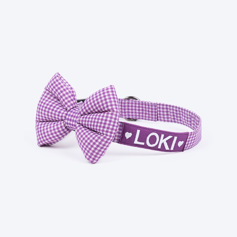 HUFT Personalised Gingham Fabric Collar With Bow Tie For Dog – Purple