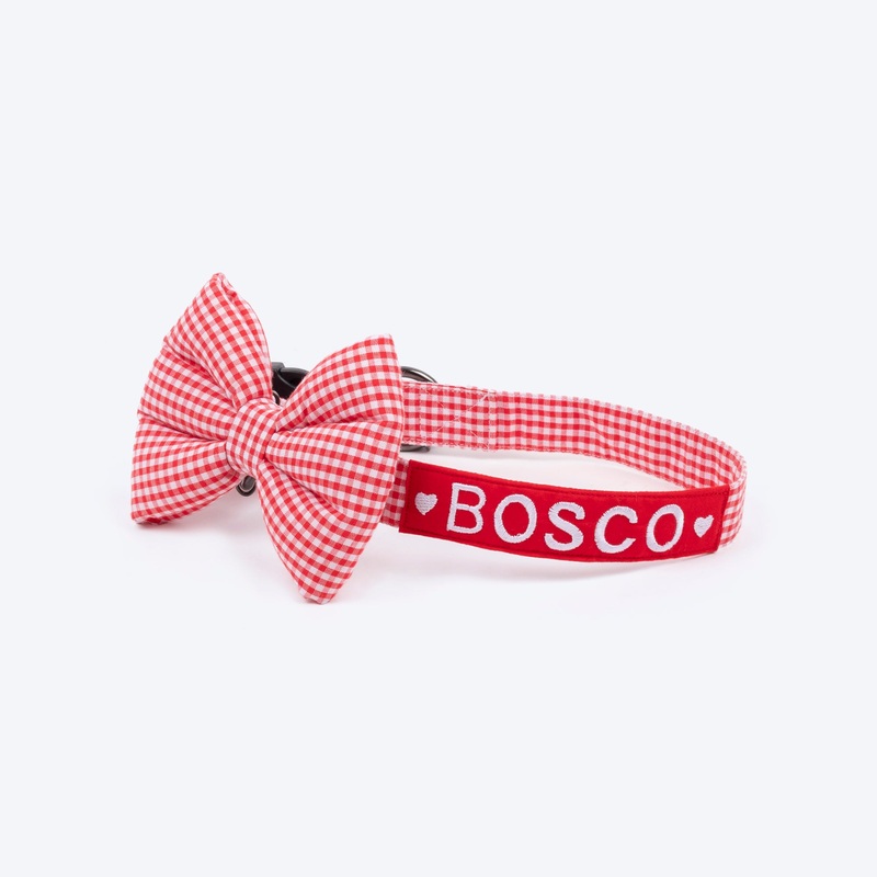 HUFT Personalised Gingham Fabric Collar With Bow Tie For Dog – Red