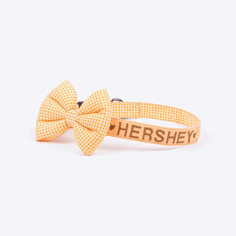 HUFT Personalised Gingham Fabric Collar With Bow Tie For Dog – Yellow