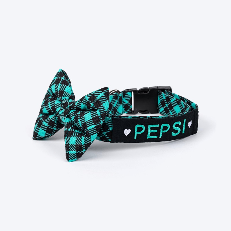 HUFT Personalised Tartan Fabric Collar With Bow Tie For Dog – Blue