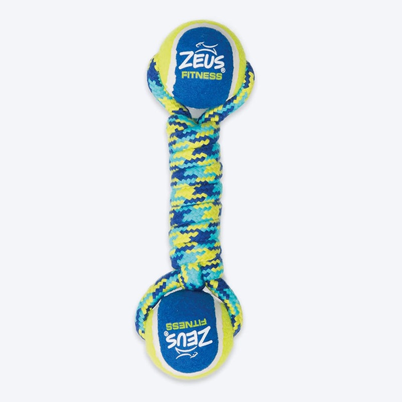 Zeus Fitness Double Tennis Ball Rope Dumbbell Fetch Dog Toy – Geen & Blue