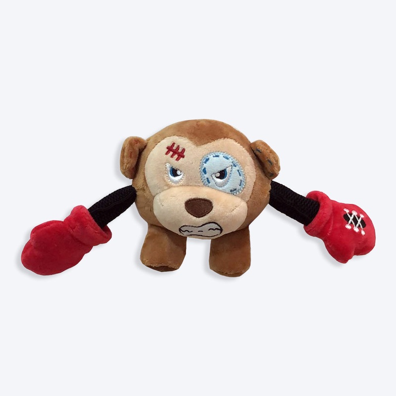 GiGwi Monkey Rock Zoo King Boxer With Squeaker, Bungee Arm Fetch Dog Toy – Brown – S