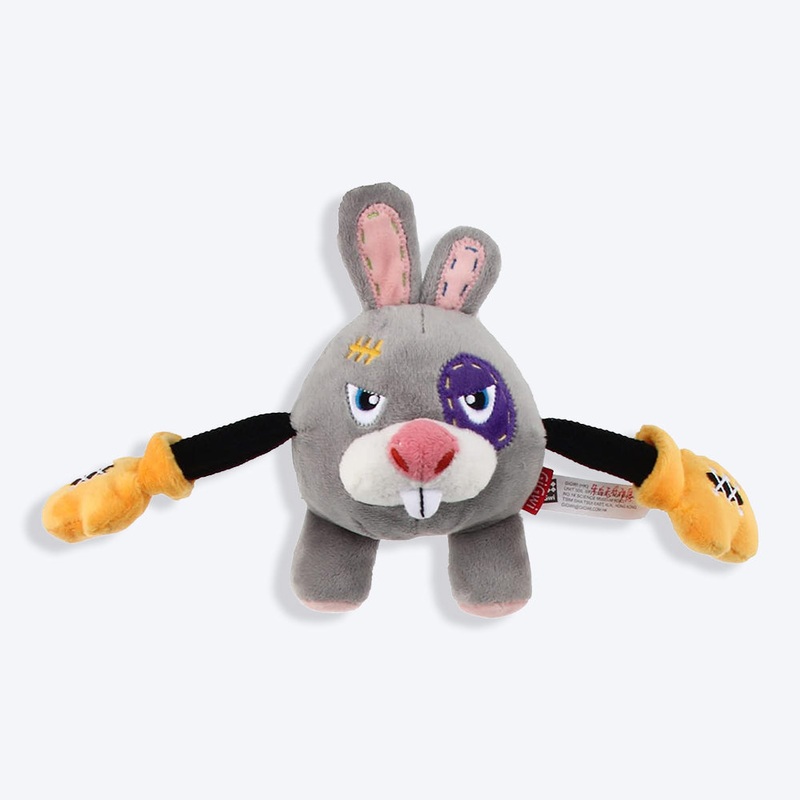 GiGwi Rabbit Rock Zoo King Boxer With Squeaker, Bungee Arm Fetch Dog Toy – Grey – S
