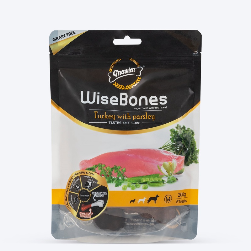 Gnawlers Wisebones Dog Treat – Turkey with Parsley – 200 g