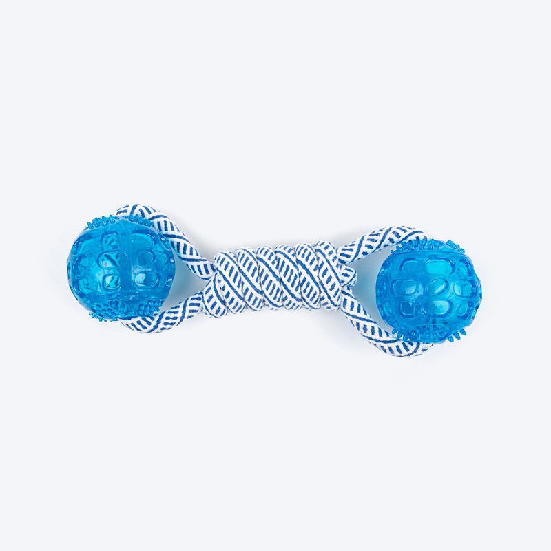 TLC Dumbbell With 2 Balls Rope Dog Toy – Navy & White