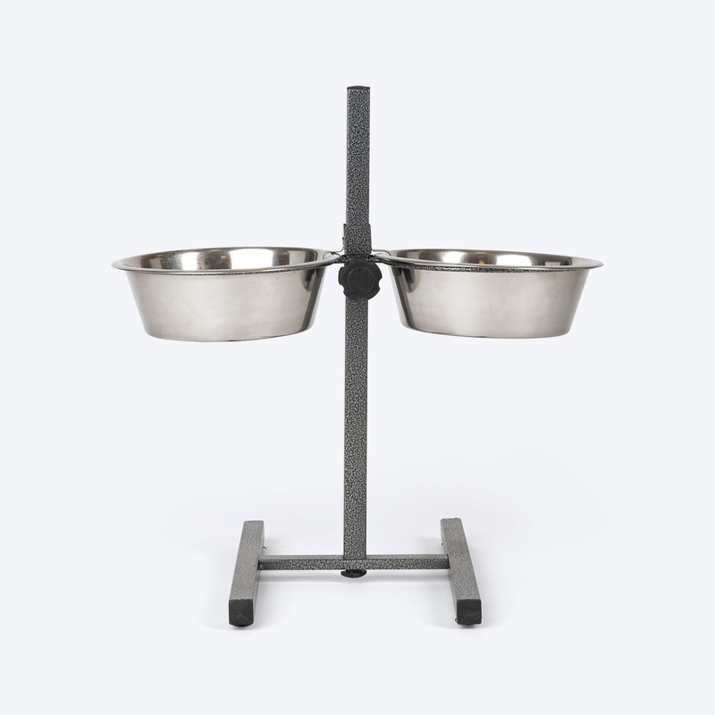 SUPER H Shaped Double Diner Stand With Steel Dog Bowl Inserts – Charcoal Black (Medium)