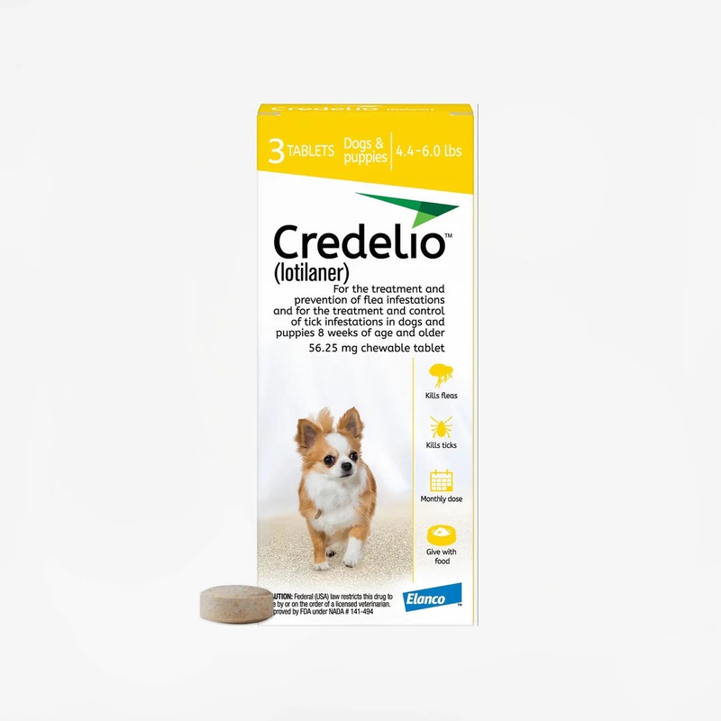 Credelio – 3 months (Rx)|Yellow; 4.4-6 lbs; 56.25 mg|Pink; 6.1-12 lbs; 112.50 mg|Orange; 12.1-25 lbs; 225 mg|Green; 25.1-50 lbs; 450 mg|Blue; 50.1-100 lbs; 900 mg|3 mo.