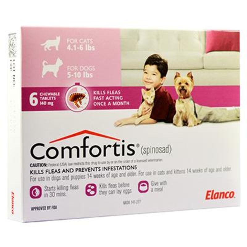 Comfortis (Rx)|Dogs 5-10 lbs/Cats 4.1-6 lbs (Pink)|Dogs 10.1-20 lbs/Cats 6.1-12 lbs (Orange)|Dogs 20.1-40 lbs/Cats 12.1-24 lbs (Green)|Dogs 40.1-60 lbs (Blue)|Dogs 60.1-120 lbs (Brown)|6 Chewables