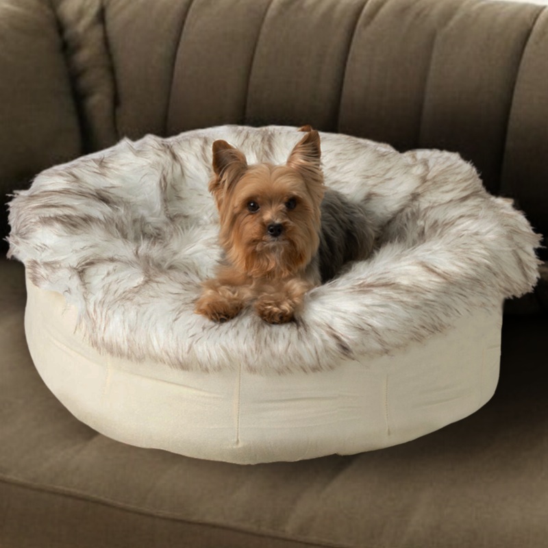 PupPouf Faux Fur Donut Dog Bed – White with Brown Accents