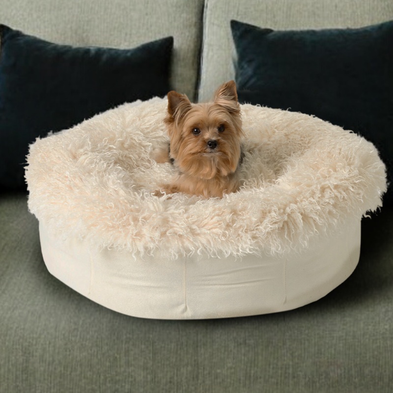 PupPouf Luxe Faux Fur Donut Dog Bed – Plush Sheep Ivory