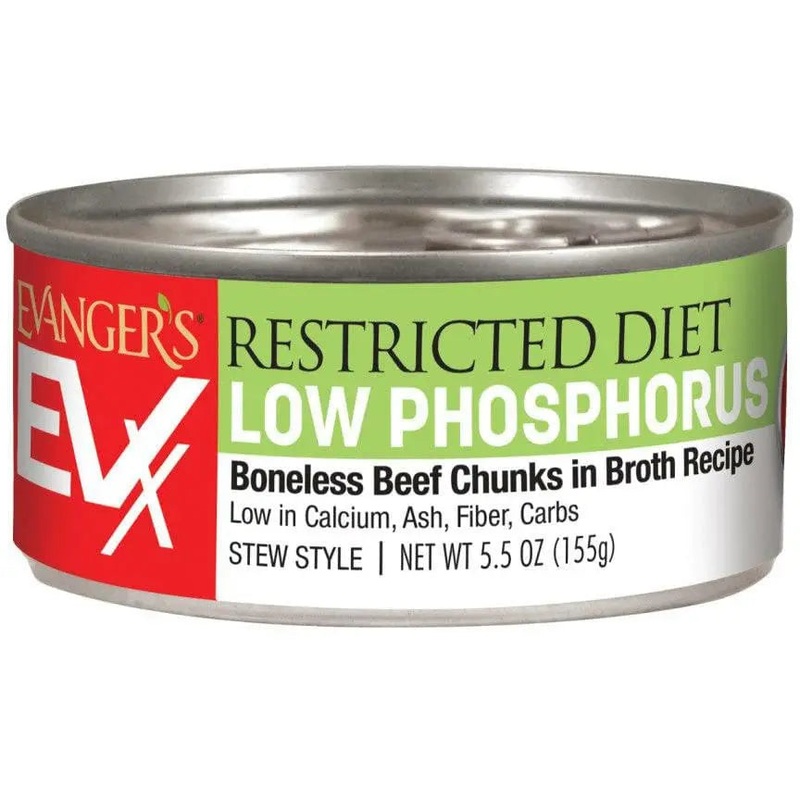 Evanger’s EVx Restricted Diet Low Phosphorus Wet Cat Food Boneless Beef Chunks in Broth 24ea/5.5 oz