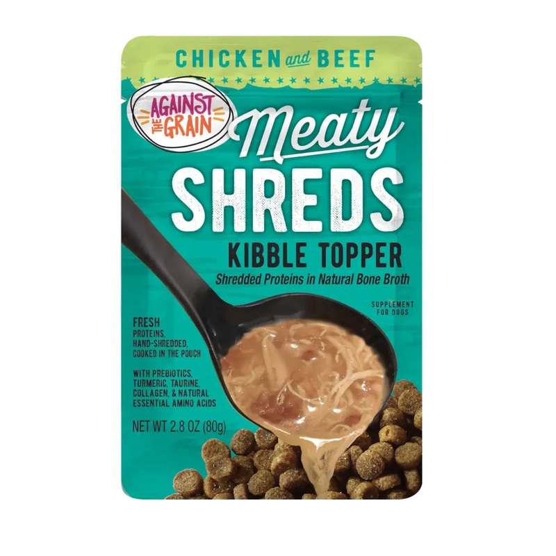 Against the Grain Shreds Kibble Topper Chicken & Beef in Bone Broth Pouch 24/2.8oz