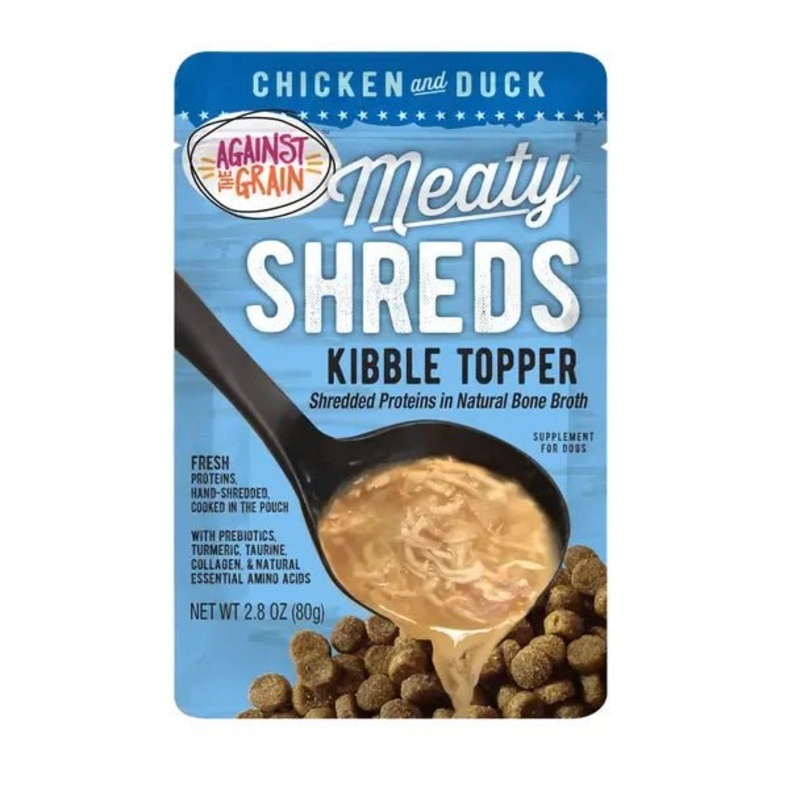 Against the Grain Shreds Kibble Topper Chicken & Duck in Bone Broth Pouch 24/2.8oz