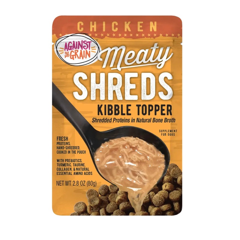 Against the Grain Shreds Kibble Topper Chicken in Bone Broth Pouch 24/2.8oz
