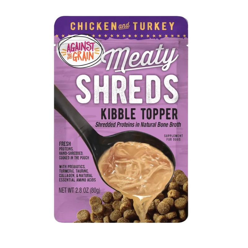 Against the Grain Shreds Kibble Topper Chicken & Turkey in Bone Broth Pouch 24/2.8oz