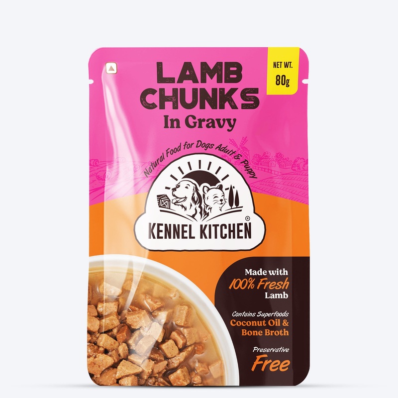 Kennel Kitchen (All Breeds & Ages) Lamb Chunks in Gravy Wet Dog Food – 80 g Packs
