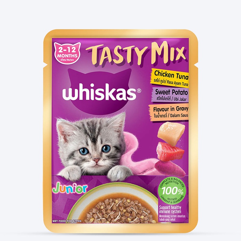 Whiskas Tasty Mix Chicken Tuna With Sweet Potato In Gravy Wet Food For Junior (2-12 Months) Kitten – 70 gm Pack