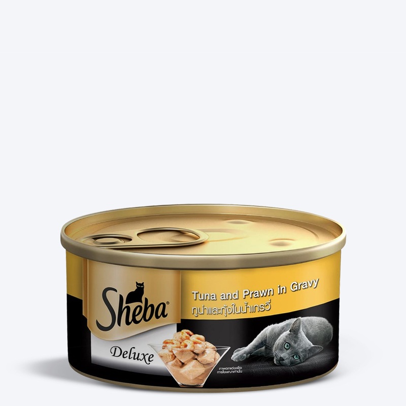 Sheba Tuna Fillets and Whole Prawns in Gravy Adult Wet Cat Food – 85 gm Packs