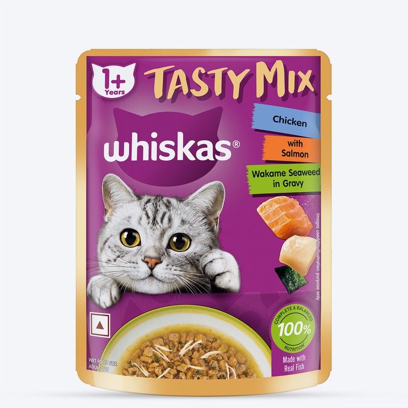 Whiskas Tasty Mix Wet Food Made With Real Fish (Salmon & Wakame Seaweed) With Chicken in Gravy For Adult (1+ year) Cat – 70 gm Pack