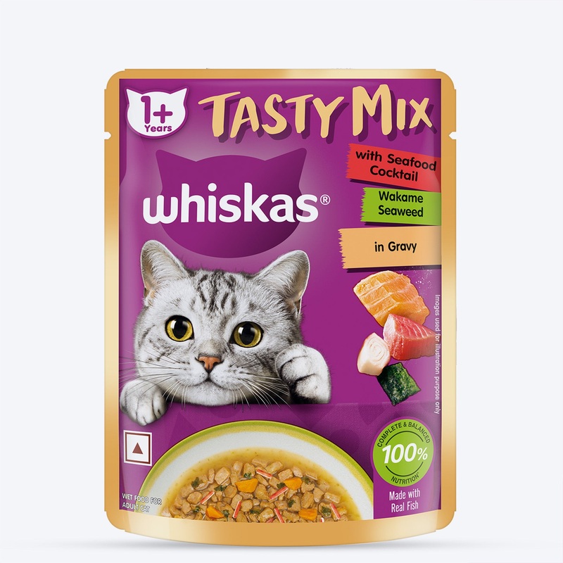 Whiskas Tasty Mix Wet Food Made With Real Fish (Seafood Cocktail & Wakame Seaweed) in Gravy For Adult (1+ year) Cat – 70 gm Pack