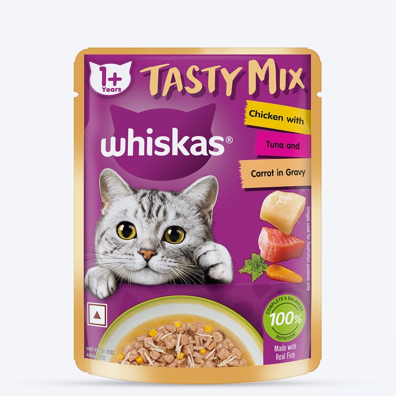 Whiskas Tasty Mix Wet Food Made With Real Fish(Tuna), Chicken & Carrot in Gravy For Adult (1+ year) Cat – 70 gm Pack