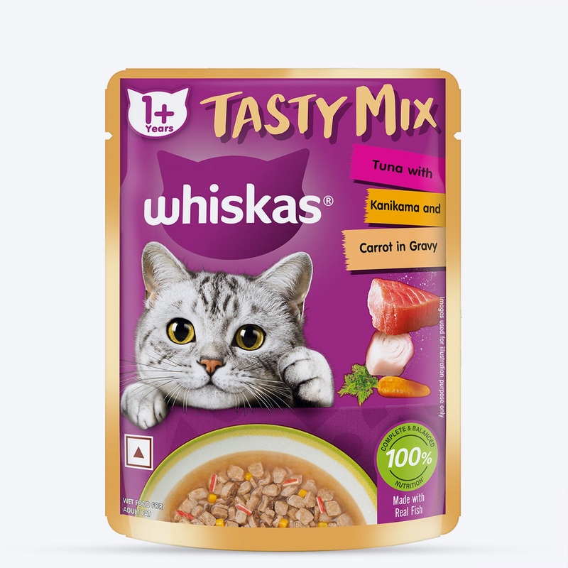 Whiskas Tasty Mix Wet Food Made With Real Fish (Tuna & Kanikama), And Carrot in Gravy For Adult (1+ year) Cat – 70 gm Pack